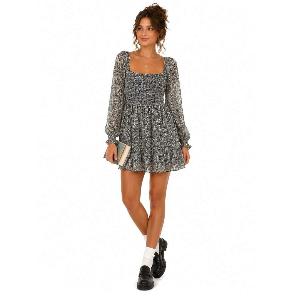 Alter'd‎ State Floral Smocked Mini Dress XS Black Cream Feminine Cottagecore